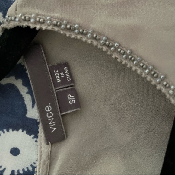 Vince Taupe 💯 Silk Minimalist Blouse with beaded Trim - Picture 7 of 8
